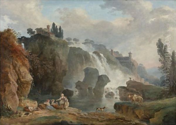 The Cascades At Tivoli With The Temple Of Vesta, Some Figures Resting In The Foreground. Oil Painting by Hubert Robert