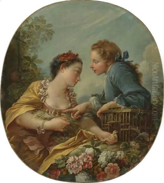 A Young Woman And Youth Placing Young Birds In A Cage The Bird Nesters Oil Painting by Francois Boucher