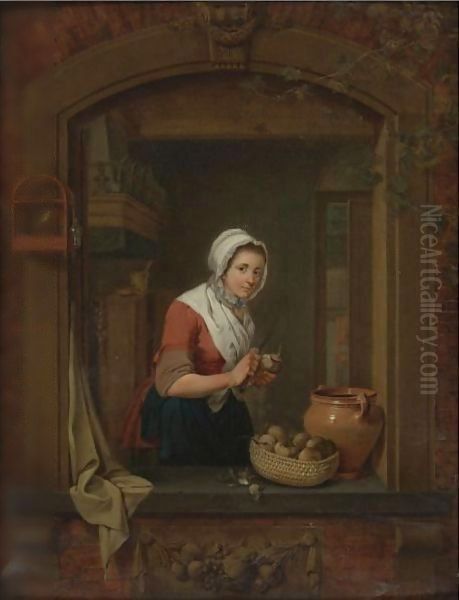 Young Woman At A Window Pealing Radishes Oil Painting by Jacobus Johannes Lauwers