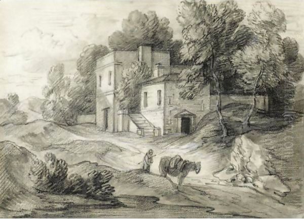 Wooded Landscape With Mansion, Figure And Packhorse Oil Painting by Thomas Gainsborough