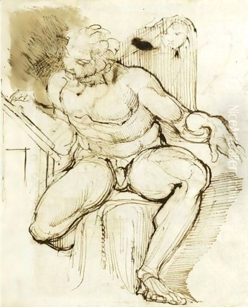 A Seated Male Nude Oil Painting by Johann Henry Fuseli