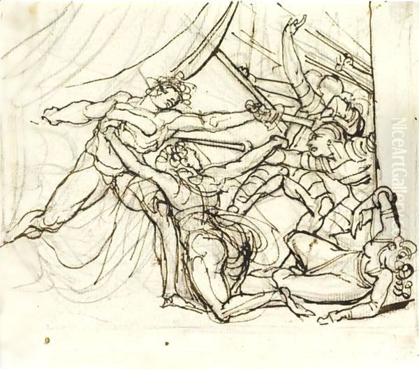 A Naked Warrior Repelling Soldiers At The Entrance To A Tent, One Woman Interceding, Another Collapsing, Manacled To A Post Oil Painting by Johann Henry Fuseli