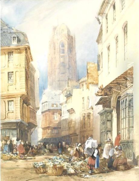 A Market Scene, Rouen, The Church Of St. Ouen Beyond Oil Painting by Thomas Shotter Boys