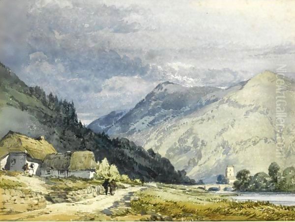 Figures Before A Cottage, Traditionally Identified As On The Rhine Oil Painting by William Callow