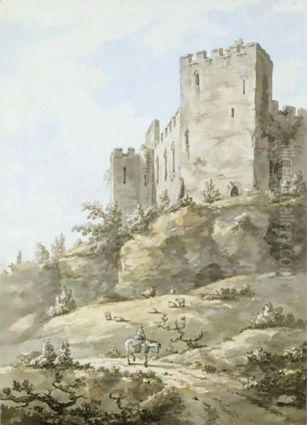 A Figure On Horseback, Ludlow Castle Beyond Oil Painting by William Marlow