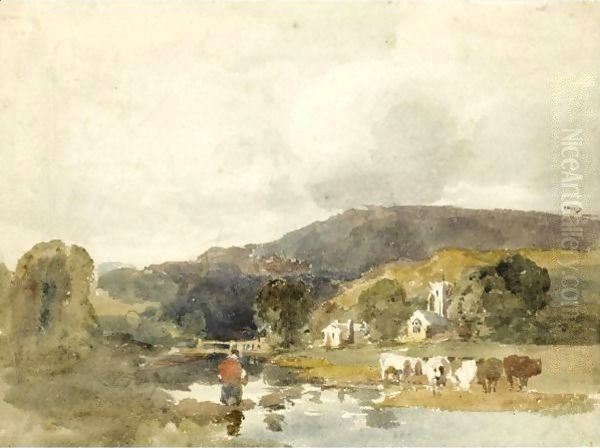 Crossing The Stream, Traditionally Identified As Hubberholme, North Yorkshire Oil Painting by Peter de Wint