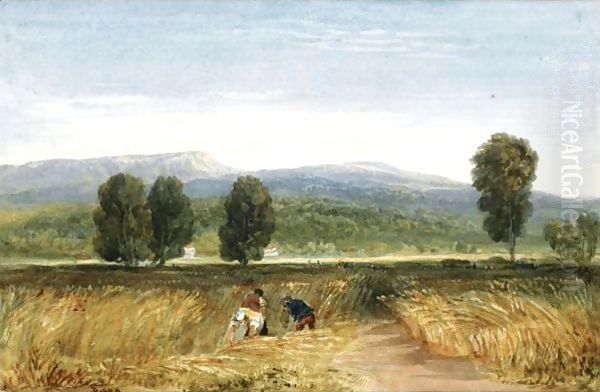 Harvesters In A Welsh Valley Oil Painting by David Cox