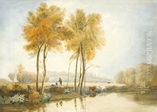 Boys And Cattle On The Banks Of The Thames, Windsor Oil Painting by David Cox