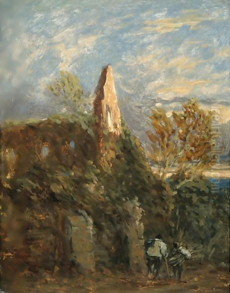 Faggot Gatherers Before A Ruined Abbey Oil Painting by David Cox