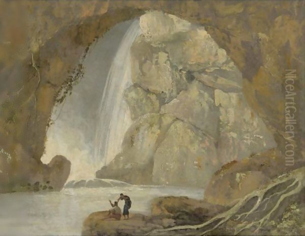 A Grotto With A Waterfall Oil Painting by Josepf Wright Of Derby