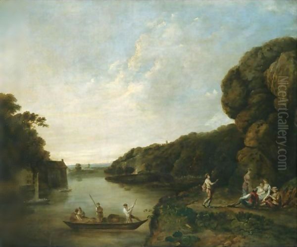 A River Landscape With A Ferryboat Approaching Elegant Company Oil Painting by William Marlow