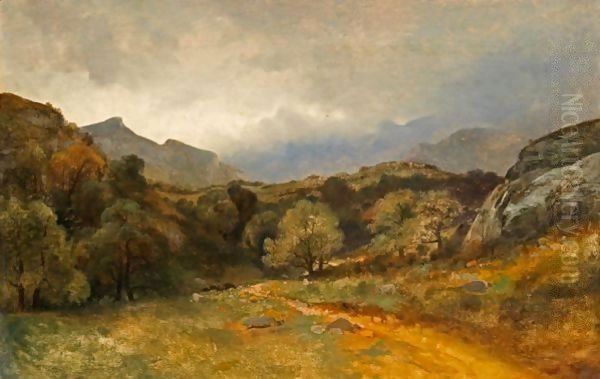 Prairie, Arbres, Chemin Au Pied Des Alpes Meadow, Trees, Path Beneath The Alps Oil Painting by Alexandre Calame