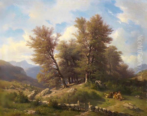 Paysage Avec Bergers Sous Arbres, 1858 Landscape With Herdsman Below Trees, 1858 Oil Painting by Francois Diday