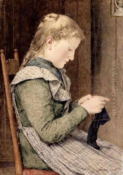 Girl Knitting, 1905 Oil Painting by Albert Anker