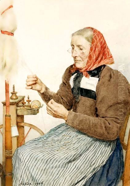 Grandmother Spinning, 1906 Oil Painting by Albert Anker