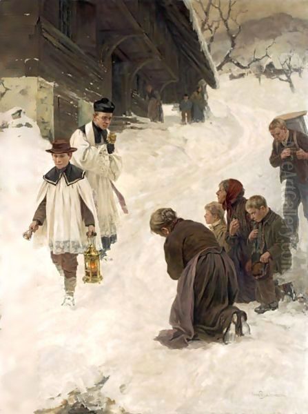 Blessing In The Village Oil Painting by Hans Bachmann