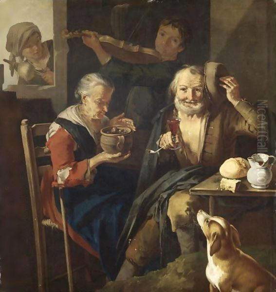 Interno Di Cucina Con Vecchio E Vecchia, Un Giovane Che Suona Il Violino E Una Ragazza Alla Finestra Oil Painting by Giacomo Francesco Cipper