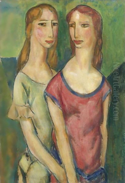 Two Girls Holding Hands Oil Painting by Alfred Henry Maurer