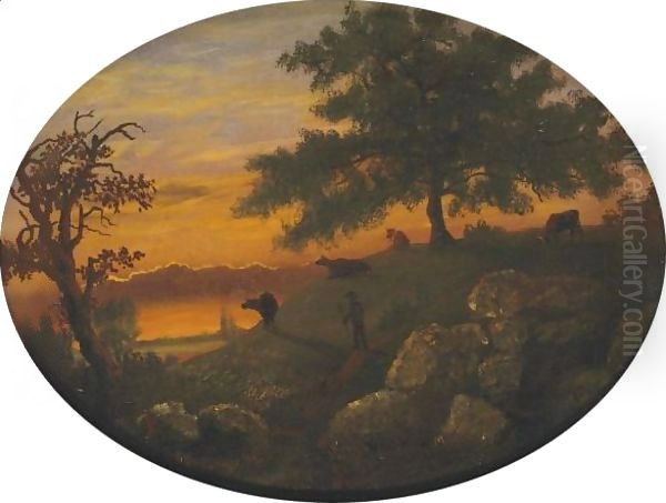 Cattle At Sunset Oil Painting by Albert Bierstadt