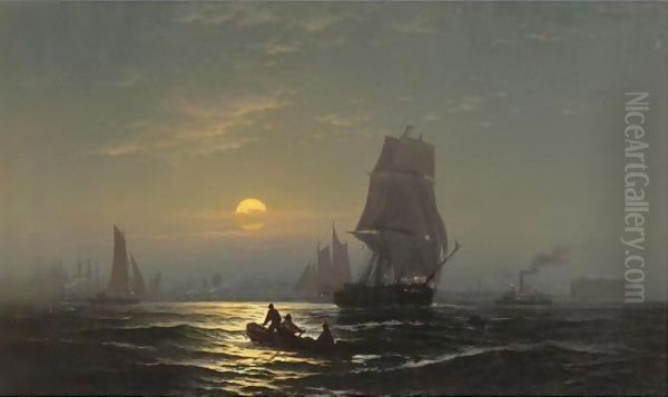 New York Harbor In Moonlight Oil Painting by Edward Moran