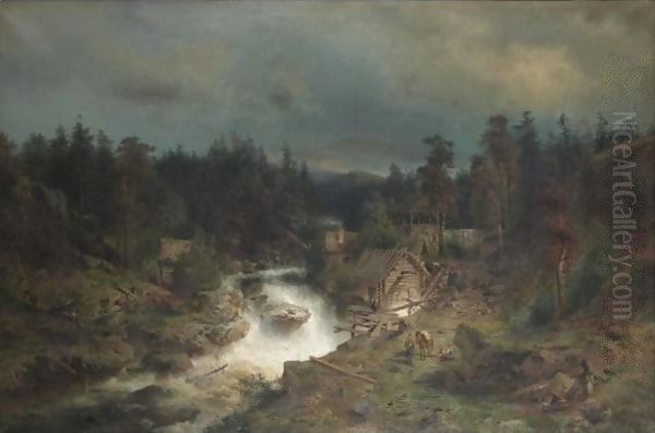 Old Mill At The Waterfall Oil Painting by Herman Herzog