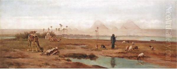 Camels And Goatherd At The Pyramids At Gizeh Oil Painting by Frederick Goodall