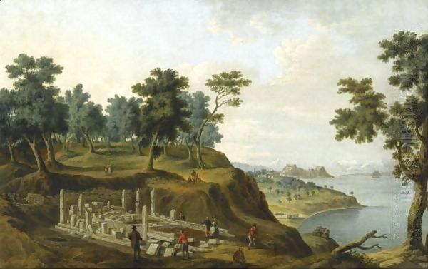 Figures Among The Ruins Of The Temple Of Artemis With The Citadel In The Distance, Corfu Oil Painting by Anton the Younger Schranz