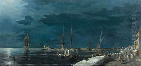 Volos Harbour At Night Oil Painting by Constantinos Volanakis