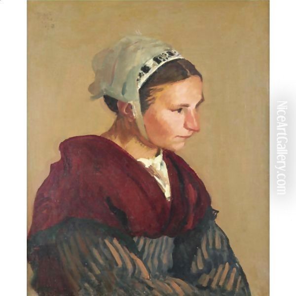 Breton Girl In A Red Shawl Oil Painting by Roderic O'Conor