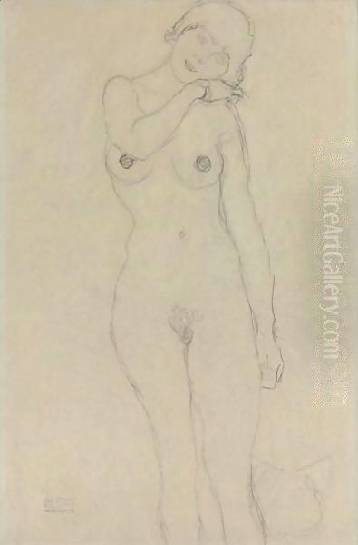 Stehend Von Vorne, Den Kopf Nach Rechts Geneigt (Standing Woman With Head Leaning Right) Oil Painting by Gustav Klimt