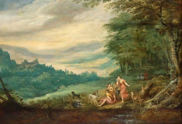 Venus Mourning Adonis In A Panoramic Wooded Landscape Oil Painting by Joos De Momper