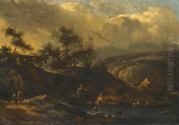 An Italianate Landscape With Shepherds Crossing A Stream With Their Flock Oil Painting by Jan van der the Younger Meer