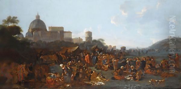 Figures Feasting At A Fair In Prati, Outside The Walls Of Rome, With The Basilica Di San Pietro And Monte Mario Beyond Oil Painting by Jan Miel