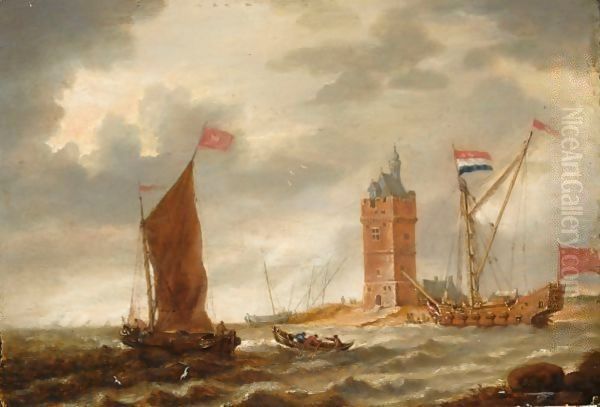 Shipping In A Breeze Before A Coast With A Fortified Tower Oil Painting by Bonaventura, the Elder Peeters