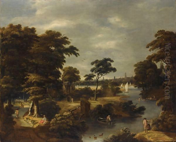 A Wooded River Landscape With Several Men Bathing, Travellers On A Path To The Left Oil Painting by Jan Looten