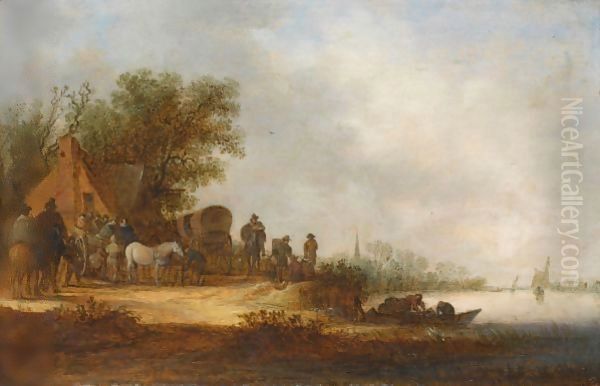 A River Landscape With Travellers With Their Horse-Drawn Carriages And Wagons Halting At An Inn Oil Painting by Jan van Goyen