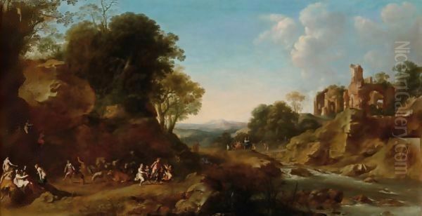 An Extensive Italianate Landscape With A Bacchanale, Other Bacchantes On A Bridge In The Background Near Ruins On A Hill Oil Painting by Dirck van der B Lisse