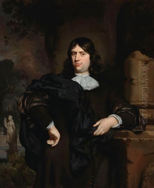 A Portrait Of A Gentleman, Standing Three-Quarter Length, Wearing A Black Coat With A White Collar And A Black Cloak Oil Painting by Nicolaes Maes