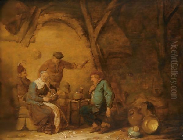 Peasants Smoking And Drinking In An Inn, A Still Life Of Earthenware Pots And A Copper Bowl To The Right Oil Painting by Benjamin Gerritsz. Cuyp