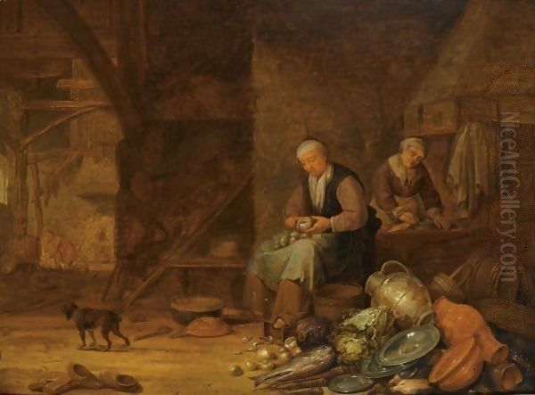 A Barn Interior With A Woman Peeling Onions And Another Woman Cleaning Oil Painting by Pieter Symonsz. Potter