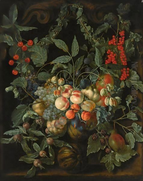 A Still Life With A Garland Of Peaches, Pears, Melons, Plums, Apricots, Grapes, Apples, Berries And Cherries Oil Painting by Jan van Kessel