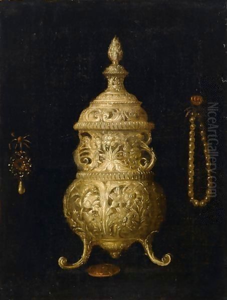 A Still Life With A Silver Perfume Burner, A Brooch And A Pearl Necklace Oil Painting by Pieter Gerritsz. van Roestraeten