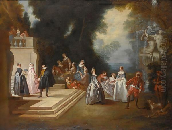 An Elegant Company Conversing In A Park Setting, Near A Fountain Oil Painting by Nicolas Lancret