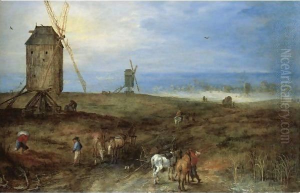 An Open Landscape With Travellers Before A Windmill Oil Painting by Jan The Elder Brueghel