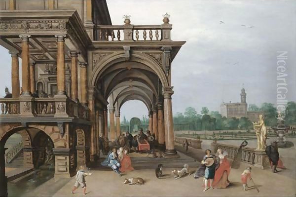 The Gardens Of A Palace, With Elegant Figures Strolling, Making Music And Playing Backgammon In A Loggia Oil Painting by Hendrick van, the Younger Steenwyck