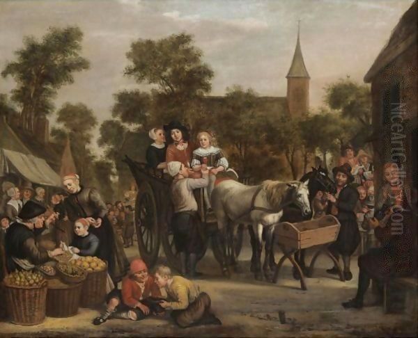 A Market Scene, With A Horse And Cart And Travellers Taking Refreshment Oil Painting by Jan Victors