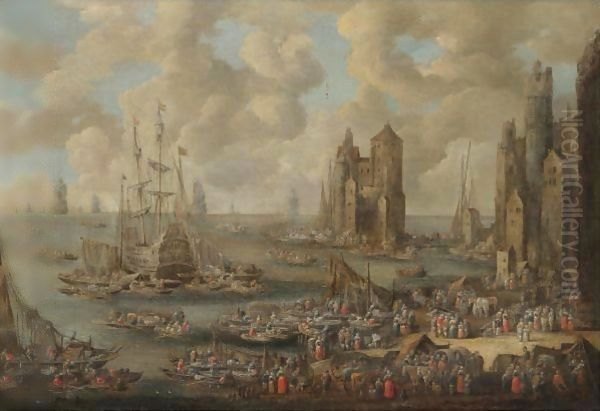 A Busy Harbour With Numerous Merchants And Fishermen Oil Painting by Pieter Casteels