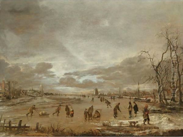 A Winter Landscape With Skaters And Kolf Players On A Frozen River Oil Painting by Aert van der Neer