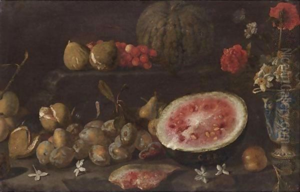 Still Life With Plums, Passionfruit, Cherries, Watermelon And A Vase Of Flowers Oil Painting by Giovanni Battista Ruoppolo