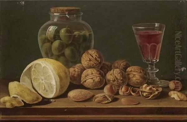 Still Life With Walnuts, Olives In A Glass Jar, A Partly Peeled Lemon And A Glass Of Red Wine Oil Painting by Miguel Parra